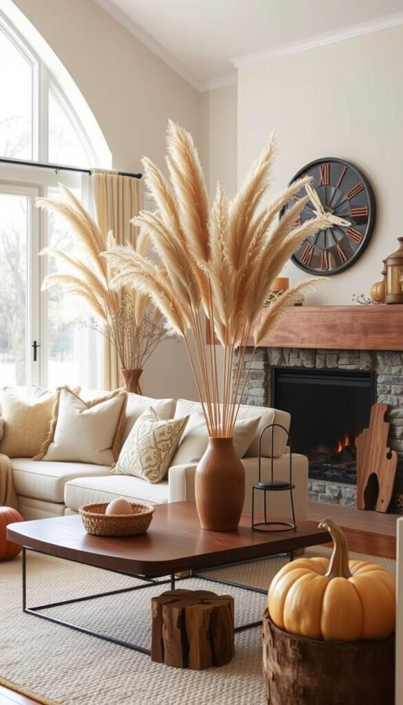 Generate an image of a cozy living room with natural fall elements such as pampas grass, dried botanicals, and wooden accents.