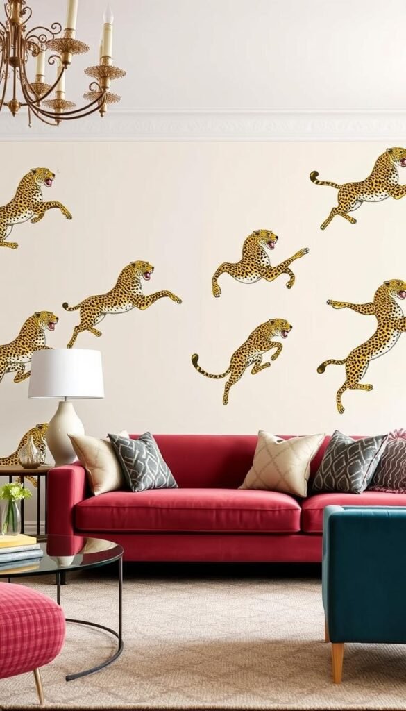 Generate an image of a living room accent wall featuring the Scalamandre Leaping Cheetah Peel & Stick Wallpaper. Generate an image of a living room accent wall featuring the Scalamandre Leaping Cheetah Peel & Stick Wallpaper.