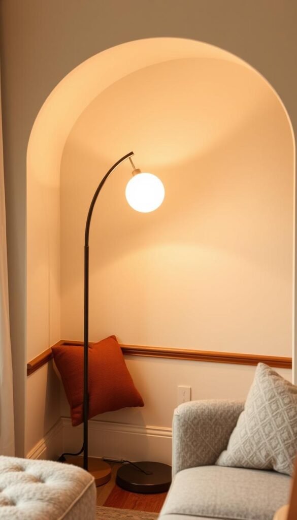 Generate an image of a midcentury arched floor lamp in a cozy reading nook. Generate an image of a midcentury arched floor lamp in a cozy reading nook.