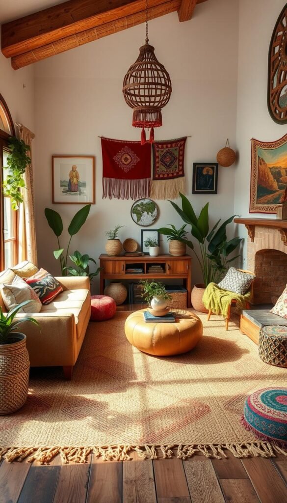 Generate an image of a natural jute area rug in a bohemian living room setting. Generate an image of a natural jute area rug in a bohemian living room setting.
