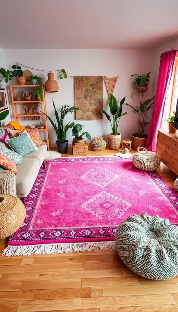 Generate an image of a pink patterned area rug in a bohemian-style living room. Generate an image of a pink patterned area rug in a bohemian-style living room.