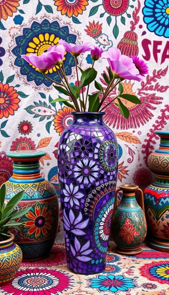 Generate an image of a purple mosaic vase in a bohemian decor setting. Generate an image of a purple mosaic vase in a bohemian decor setting.