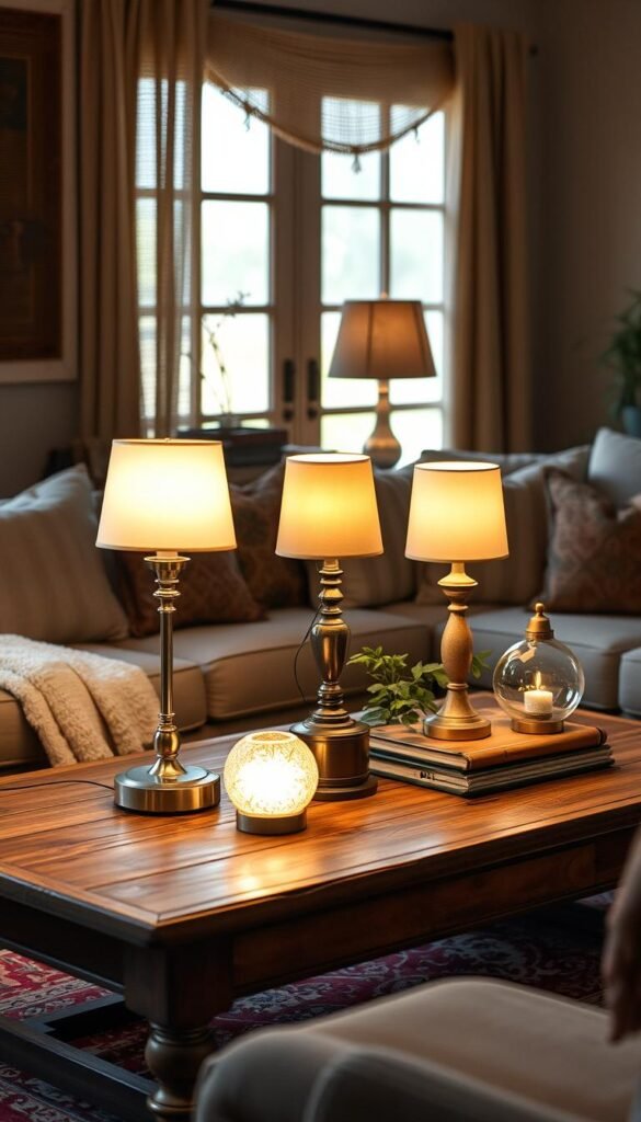 Generate an image of a set of battery-operated cordless table lamps placed on a vintage wooden coffee table in a cozy living room with bohemian decor. Generate an image of a set of battery-operated cordless table lamps placed on a vintage wooden coffee table in a cozy living room with bohemian decor.