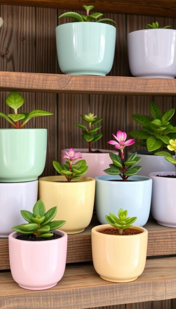 Generate an image of a set of pastel-colored ceramic plant pots on a wooden shelf, with small plants inside. Generate an image of a set of pastel-colored ceramic plant pots on a wooden shelf, with small plants inside.
