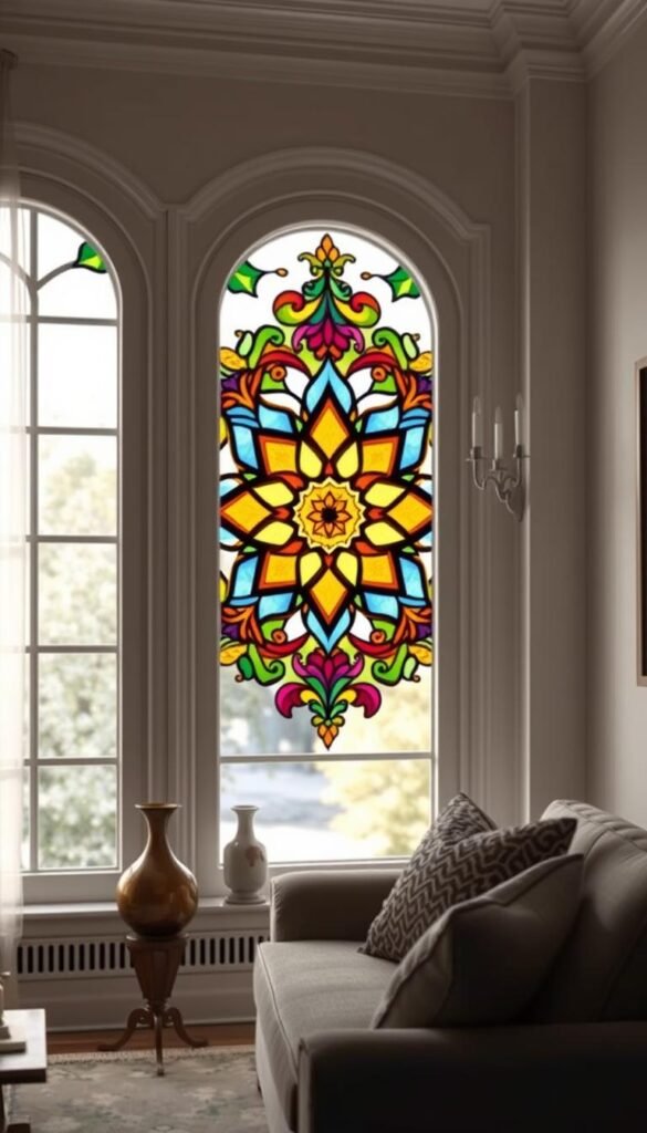 Generate an image of a stained glass window film with a bohemian design, applied to a living room window. Generate an image of a stained glass window film with a bohemian design, applied to a living room window.