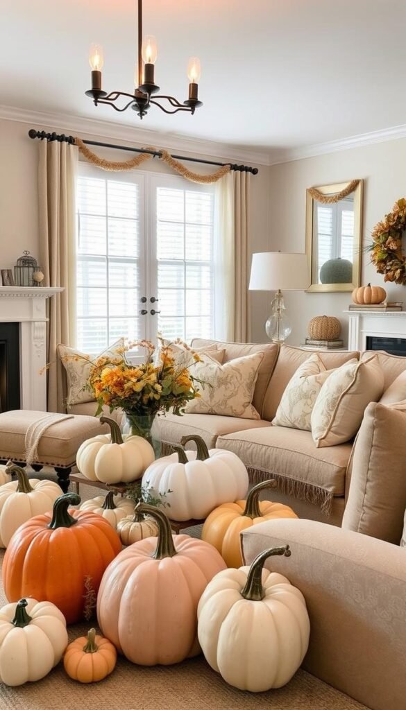 Generate an image of a stylish living room with a variety of pumpkin decor in different materials and colors.