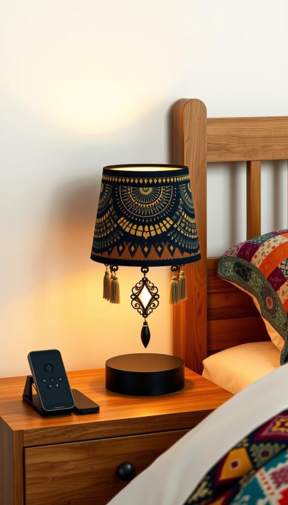 Generate an image of a touch-activated bedside lamp with a bohemian design, placed on a wooden nightstand beside a bed with a colorful patchwork quilt. Generate an image of a touch-activated bedside lamp with a bohemian design, placed on a wooden nightstand beside a bed with a colorful patchwork quilt.