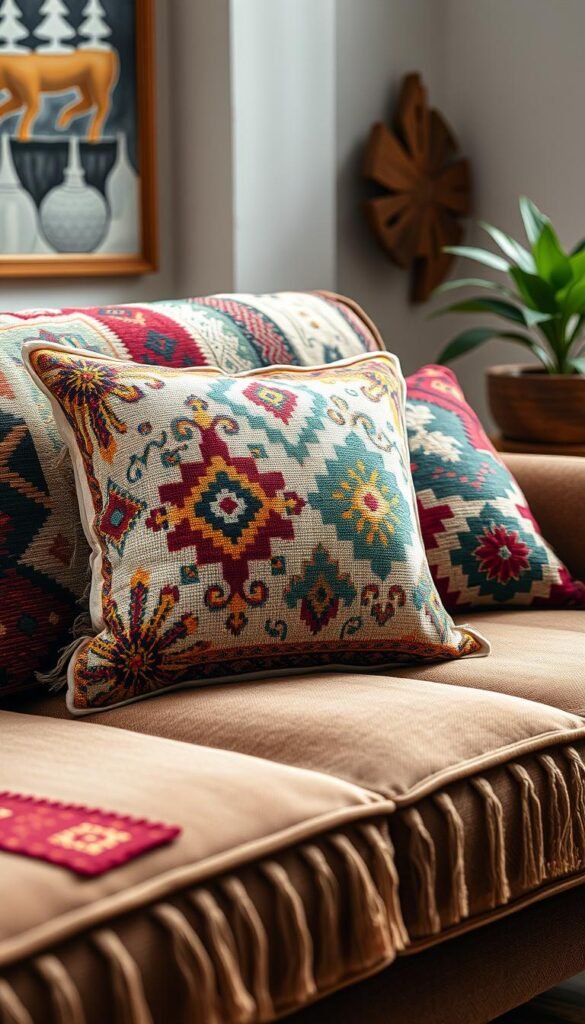 Generate an image of a vibrant needlepoint pillow with intricate designs, placed on a bohemian-style sofa. Generate an image of a vibrant needlepoint pillow with intricate designs, placed on a bohemian-style sofa.