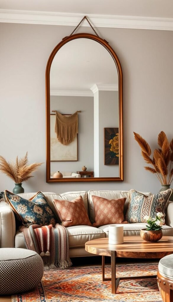 Generate an image of an asymmetrical wall mirror in a bohemian living room. Generate an image of an asymmetrical wall mirror in a bohemian living room.