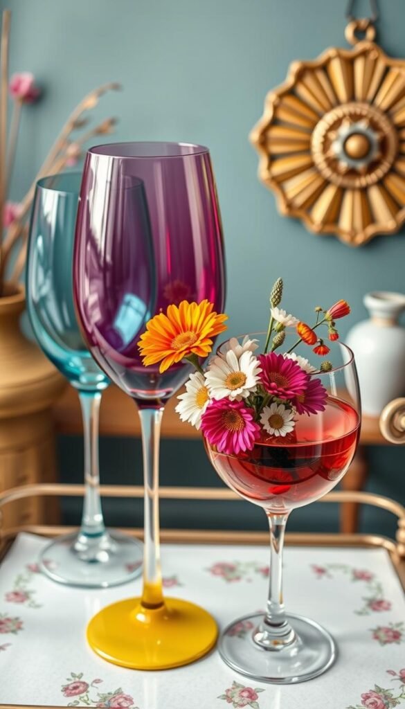 Generate an image of oversized, retro-colored wine glasses on a bohemian-style bar cart, with flowers arranged in one of the glasses. Generate an image of oversized, retro-colored wine glasses on a bohemian-style bar cart, with flowers arranged in one of the glasses.