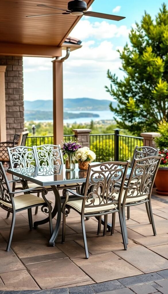 Generate an image of the Allen + Roth Aluminum Dining Chairs arranged around a dining table on a patio. Generate an image of the Allen + Roth Aluminum Dining Chairs arranged around a dining table on a patio.