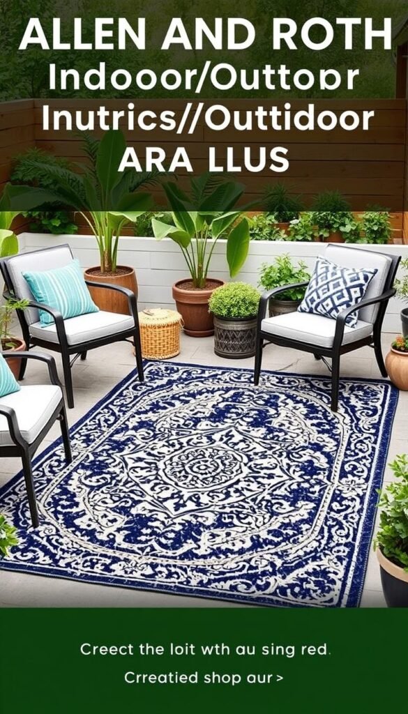 Generate an image of the Allen and Roth Indoor/Outdoor Medallion Area Rug in a patio setting. Generate an image of the Allen and Roth Indoor/Outdoor Medallion Area Rug in a patio setting.