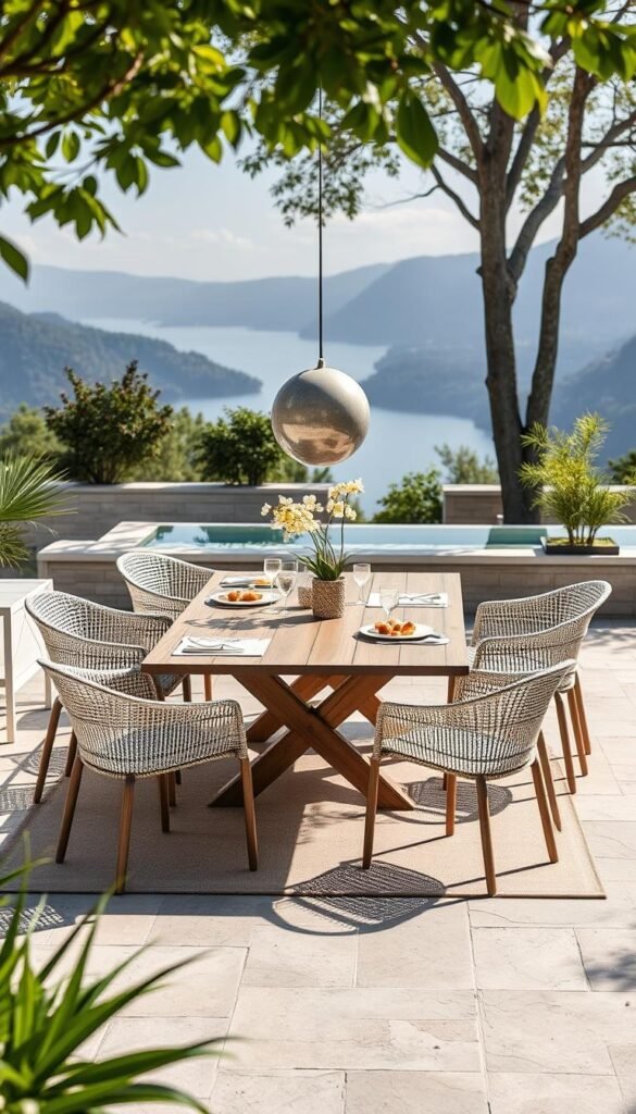 Generate an image of the Article Lubek Dining Table Set in an outdoor setting. Generate an image of the Article Lubek Dining Table Set in an outdoor setting.