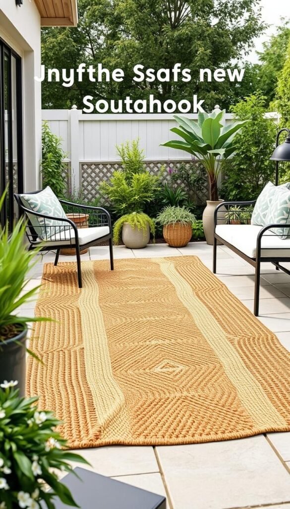 Generate an image of the Braided Jute-Look Synthetic Outdoor Rug in an outdoor setting. Generate an image of the Braided Jute-Look Synthetic Outdoor Rug in an outdoor setting.