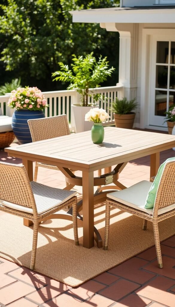 Generate an image of the Crate & Barrel Alfresco II Rectangular Dining Table on a patio. Generate an image of the Crate & Barrel Alfresco II Rectangular Dining Table on a patio.