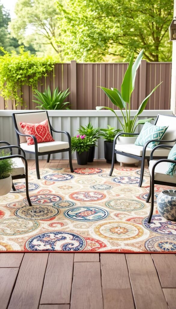Generate an image of the Home Decorators Collection Samba Square Patio Area Rug in a patio setting. Generate an image of the Home Decorators Collection Samba Square Patio Area Rug in a patio setting.