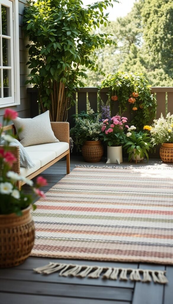 Generate an image of the IKEA Morum Flatwoven Rug in an outdoor setting. Generate an image of the IKEA Morum Flatwoven Rug in an outdoor setting.