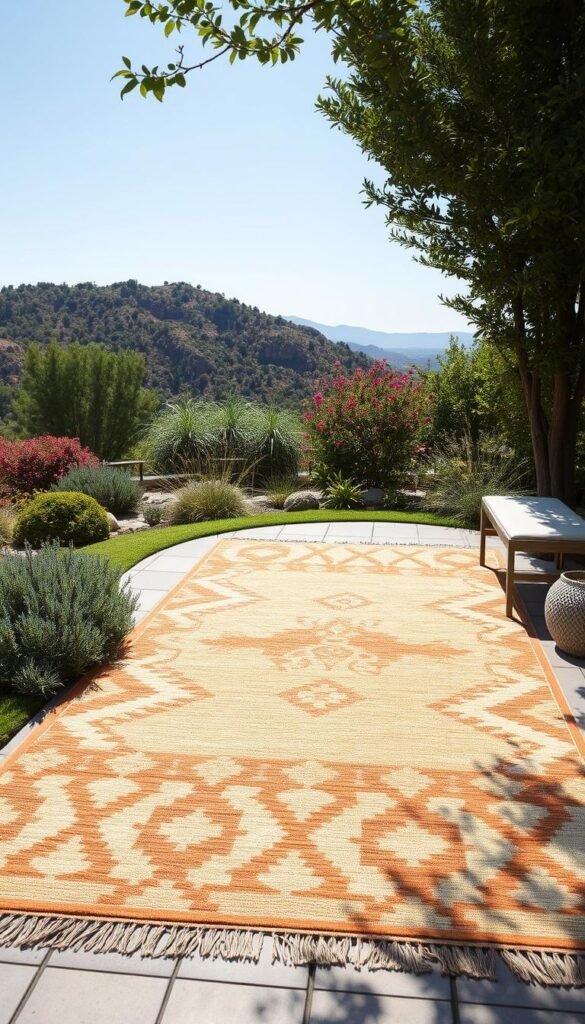 Generate an image of the Loloi Rugs Isle Area Rug in an outdoor setting. Generate an image of the Loloi Rugs Isle Area Rug in an outdoor setting.