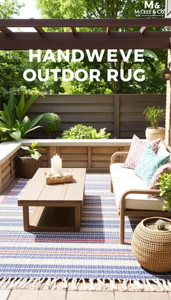Generate an image of the McGee & Co. Inspired Handwoven Outdoor Rug in a patio setting. Generate an image of the McGee & Co. Inspired Handwoven Outdoor Rug in a patio setting.