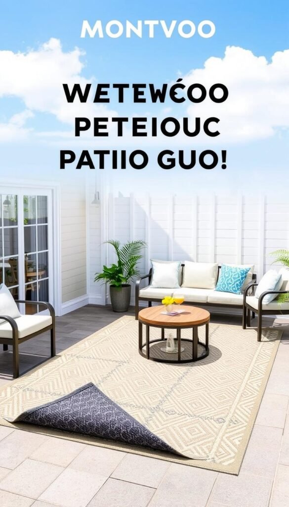 Generate an image of the MontVoo Waterproof Reversible Patio Rug in a patio setting. Generate an image of the MontVoo Waterproof Reversible Patio Rug in a patio setting.