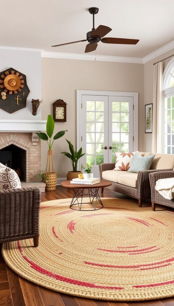 Generate an image of the Nuloom Wynn Braided Indoor/Outdoor Area Rug in a living room setting. Generate an image of the Nuloom Wynn Braided Indoor/Outdoor Area Rug in a living room setting.