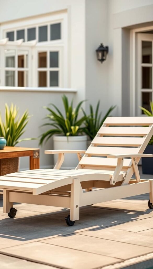 Generate an image of the Polywood Nautical Chaise Lounge in a stylish outdoor setting, highlighting its features like reclining positions and built-in wheels. Generate an image of the Polywood Nautical Chaise Lounge in a stylish outdoor setting, highlighting its features like reclining positions and built-in wheels.