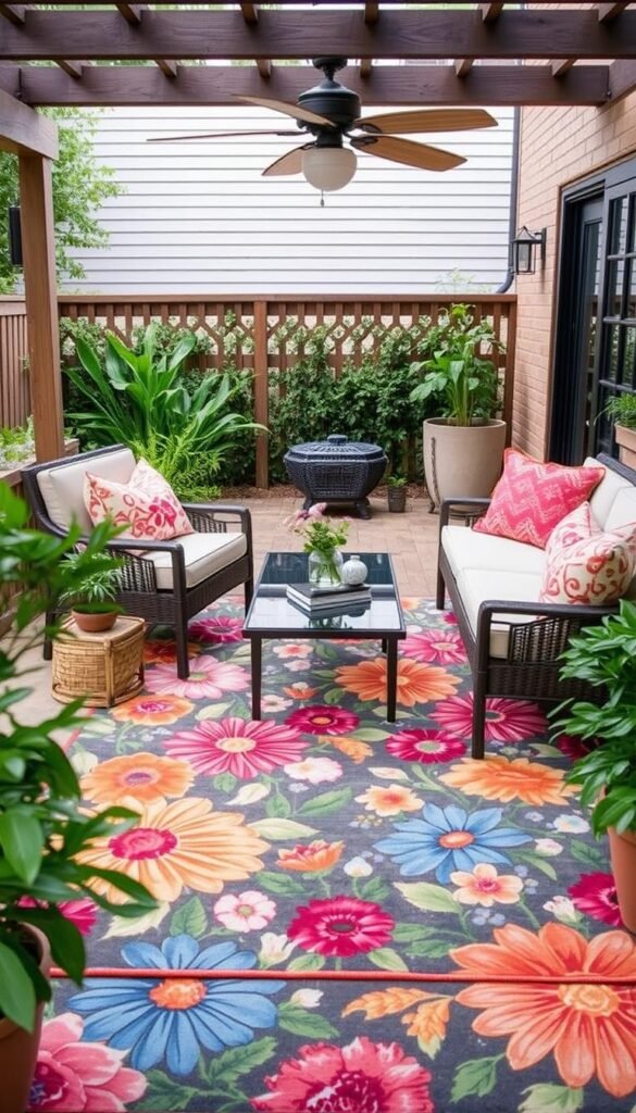 Generate an image of the Rifle Paper Co. Inspired Floral Outdoor Rug in a patio setting. Generate an image of the Rifle Paper Co. Inspired Floral Outdoor Rug in a patio setting.