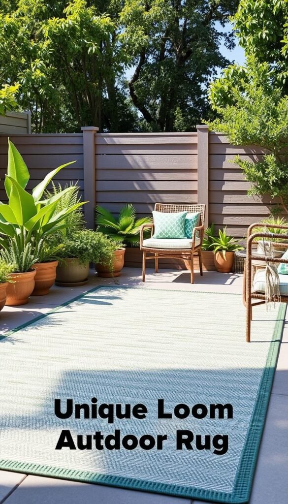 Generate an image of the Unique Loom Anguilla Outdoor Rug in an outdoor setting. Generate an image of the Unique Loom Anguilla Outdoor Rug in an outdoor setting.
