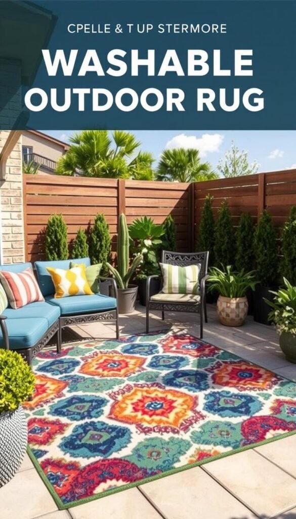 Generate an image of the Washable Outdoor Patterned Rug in a patio setting. Generate an image of the Washable Outdoor Patterned Rug in a patio setting.