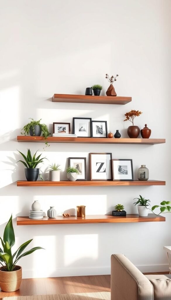 High-end floating shelves made of dark oak wood, showcased against a bright white wall with subtle shadows and natural lighting from the side. The shelves have a sleek, minimalist design with clean lines and a rustic charm. Various decorative elements are arranged neatly on the shelves, including potted plants, framed art, and a few small personal items. The overall scene has a modern, stylish, and inviting atmosphere, perfect for displaying and storing items in a living room setting.
