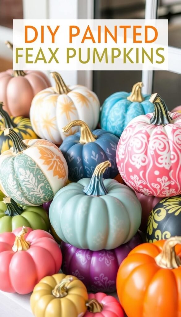 Image of DIY painted faux pumpkins in various colors and designs