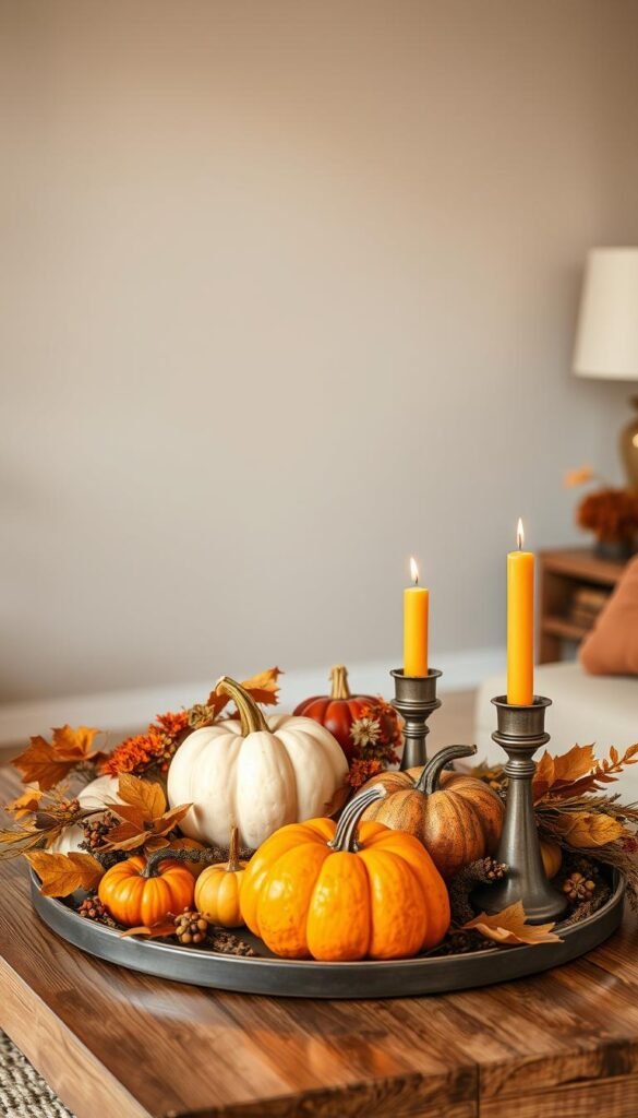 Image of a beautifully styled coffee table with fall decor