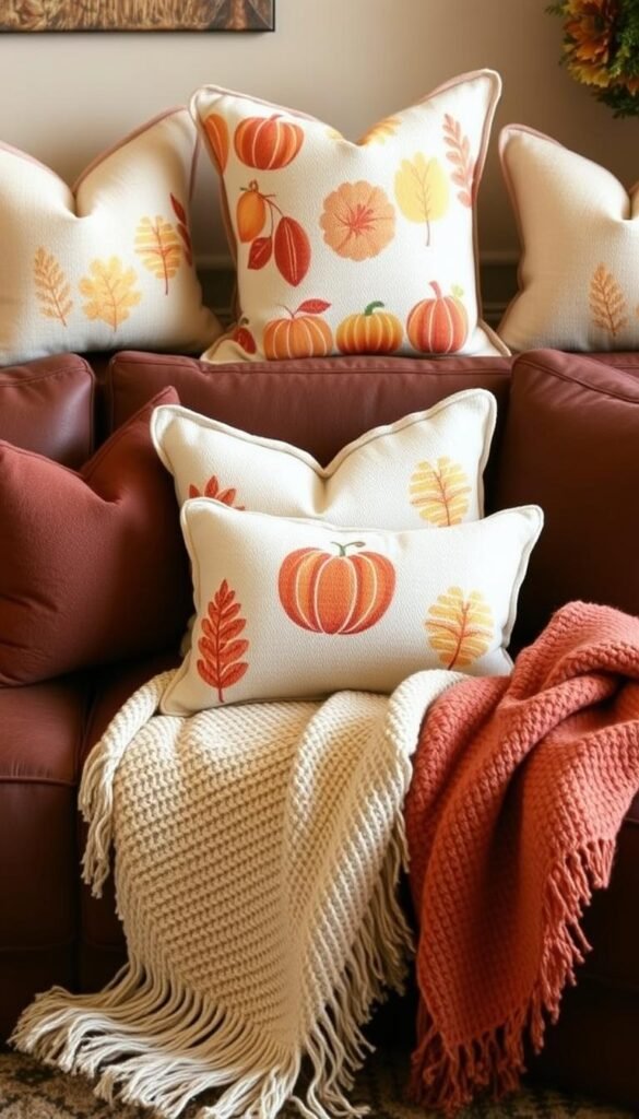 Image of a cozy living room with fall-inspired throw pillows and covers