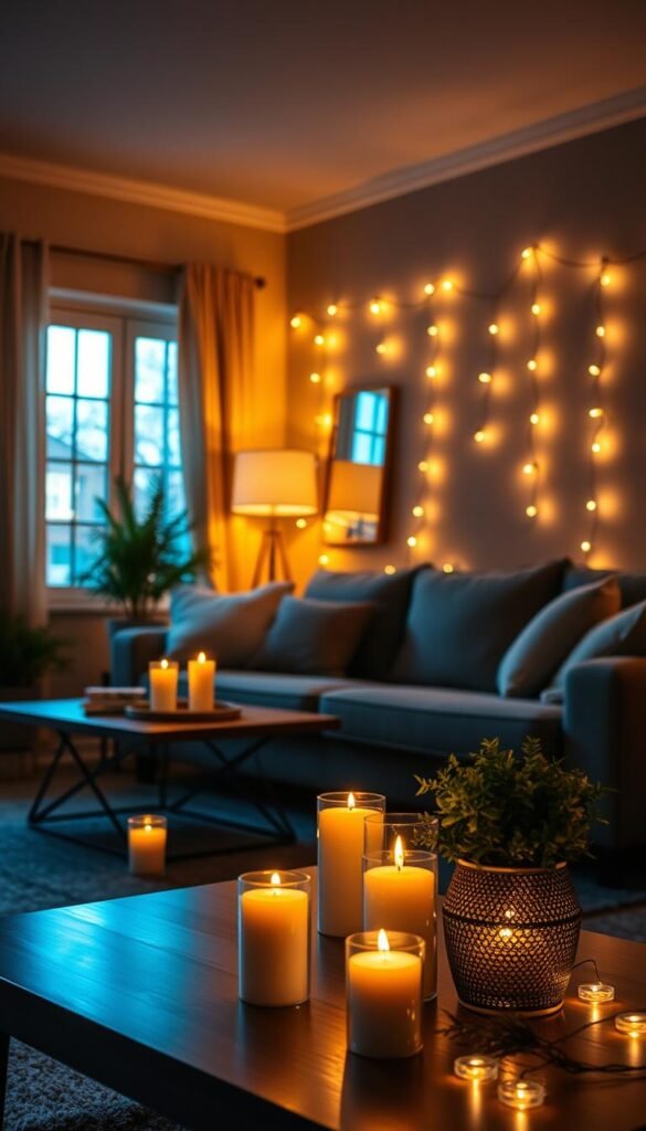 Image of a cozy living room with warm lighting, featuring flameless candles and string lights.