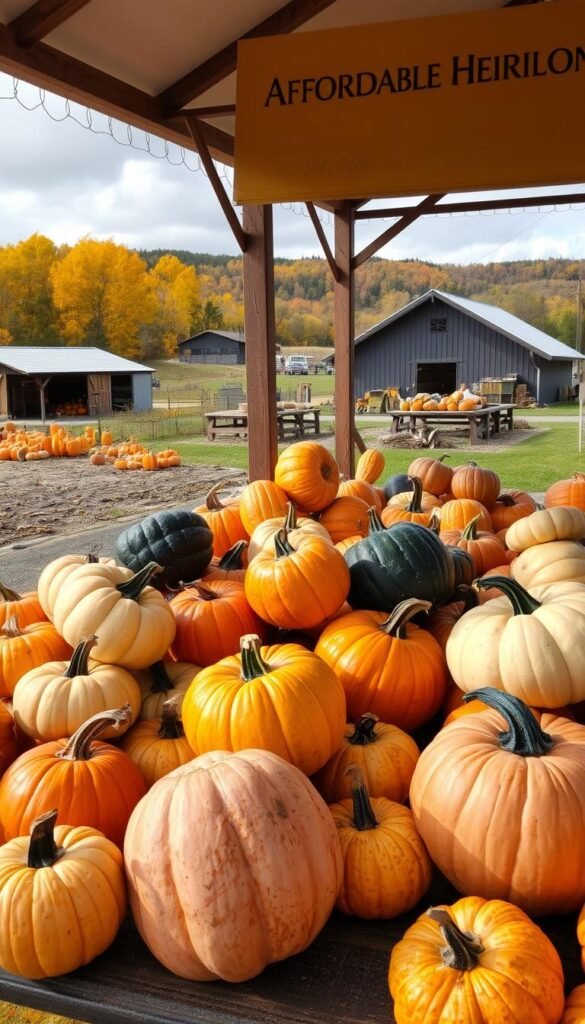 Image of a local farm stand selling affordable heirloom pumpkins