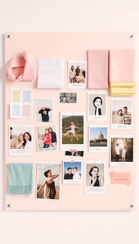 Image of a pastel-framed inspiration board filled with fabric swatches, magazine clippings, and photographs Image of a pastel-framed inspiration board filled with fabric swatches, magazine clippings, and photographs