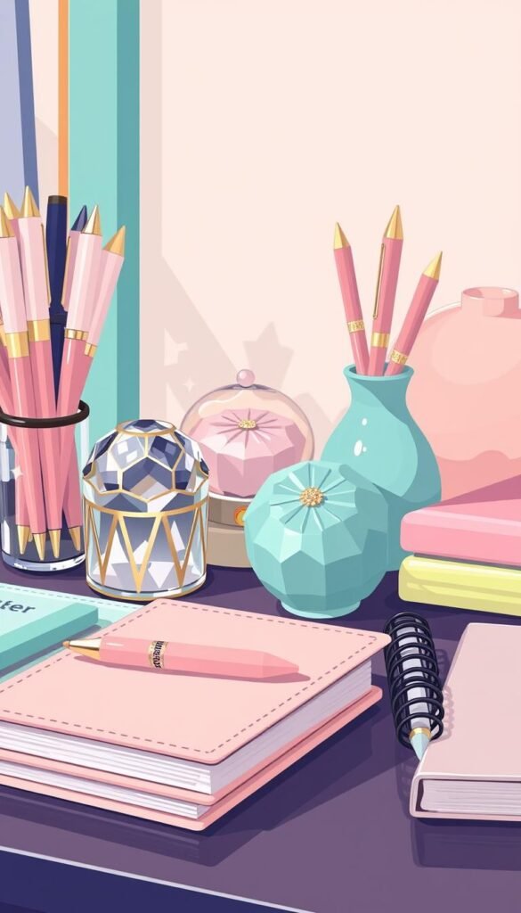 Image of pastel-colored desk accessories such as pens, paperweights, and a notebook Image of pastel-colored desk accessories such as pens, paperweights, and a notebook