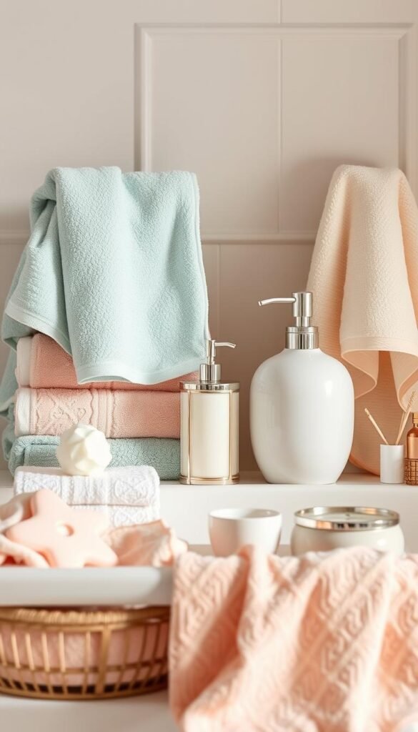 Image of pastel-colored towels and bath accessories Image of pastel-colored towels and bath accessories