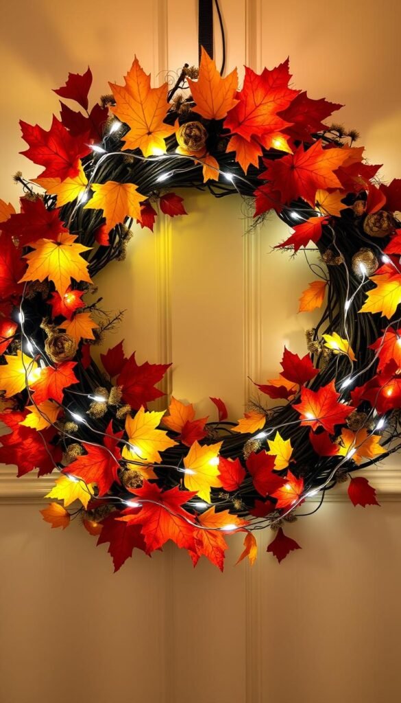 Image of string lights wrapped around a fall-themed wreath