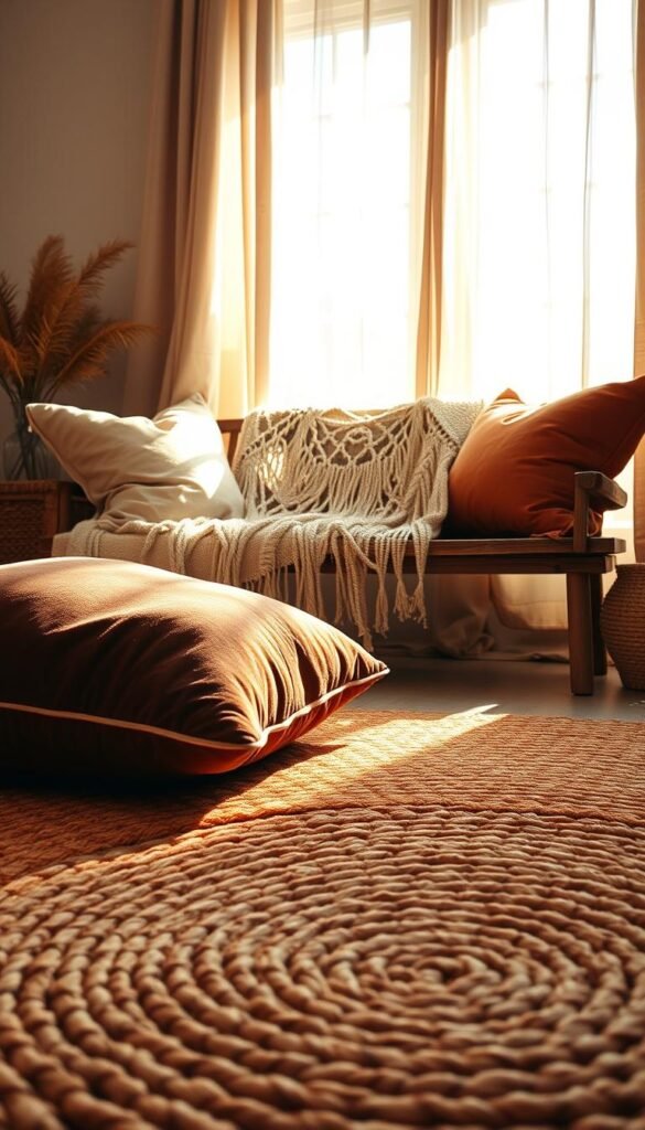 Layered boho textiles in a warm, sun-dappled living room. Thick woven area rug in earthy tones as the foreground, with plush velvet pillows and a macrame throw draped over a rustic wood bench in the middle ground. In the background, sheer linen curtains billow softly, framing a large window that lets in natural light and creates a cozy, inviting atmosphere. Textures overlap and intermingle, evoking a relaxed, welcoming bohemian vibe. Lighting is soft and diffused, with a golden hue that enhances the natural fibers and patterns. The overall composition is balanced and visually harmonious.