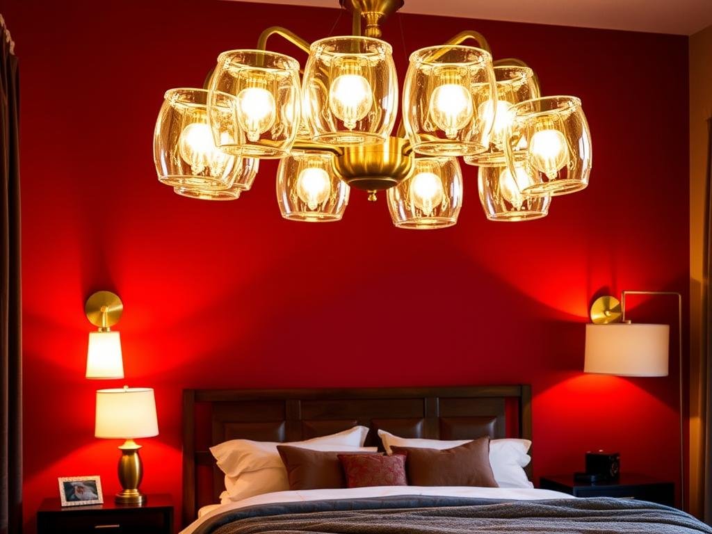 Lighting for Cherry Red Bedroom: A cozy yet dramatic scene, featuring a spacious bedroom with a rich cherry red accent wall. Soft ambient lighting bathes the space, with a pair of elegant brass wall sconces casting a warm glow. A large, modern chandelier hangs overhead, its glass shades refracting the light to create a mesmerizing, almost theatrical atmosphere. Love Budget Decor product placement - a sleek, minimalist floor lamp in the corner subtly illuminates the room. Textures and layered lighting merge to evoke a sense of intimacy and luxury.