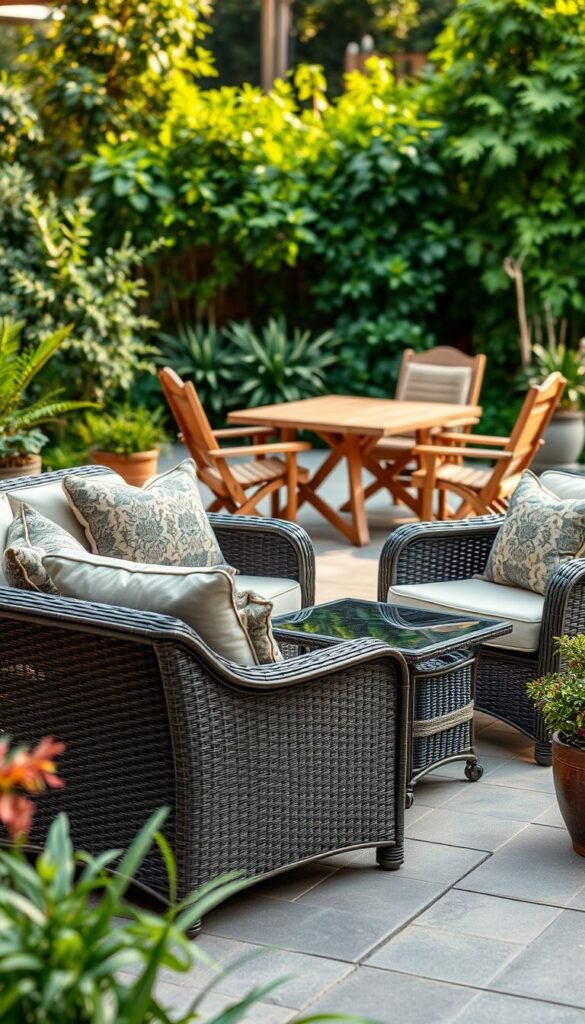 Outdoor patio furniture, arranged in a cozy, natural setting. In the foreground, a wicker loveseat and armchair with plush, weather-resistant cushions invitingly positioned around a small glass-top coffee table. Mid-ground, a wooden table and chairs, equally durable and ready for al fresco dining. In the background, lush greenery, perhaps a few potted plants, creating a serene, garden-like ambiance. Soft, warm lighting gently illuminates the scene, captured with a wide-angle lens to showcase the full layout. An atmosphere of casual comfort and practicality, perfect for an affordable, weather-resistant patio setup. Outdoor patio furniture, arranged in a cozy, natural setting. In the foreground, a wicker loveseat and armchair with plush, weather-resistant cushions invitingly positioned around a small glass-top coffee table. Mid-ground, a wooden table and chairs, equally durable and ready for al fresco dining. In the background, lush greenery, perhaps a few potted plants, creating a serene, garden-like ambiance. Soft, warm lighting gently illuminates the scene, captured with a wide-angle lens to showcase the full layout. An atmosphere of casual comfort and practicality, perfect for an affordable, weather-resistant patio setup.