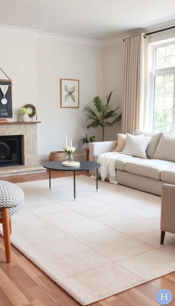 Pastel area rug in a living room with a neutral color scheme Pastel area rug in a living room with a neutral color scheme