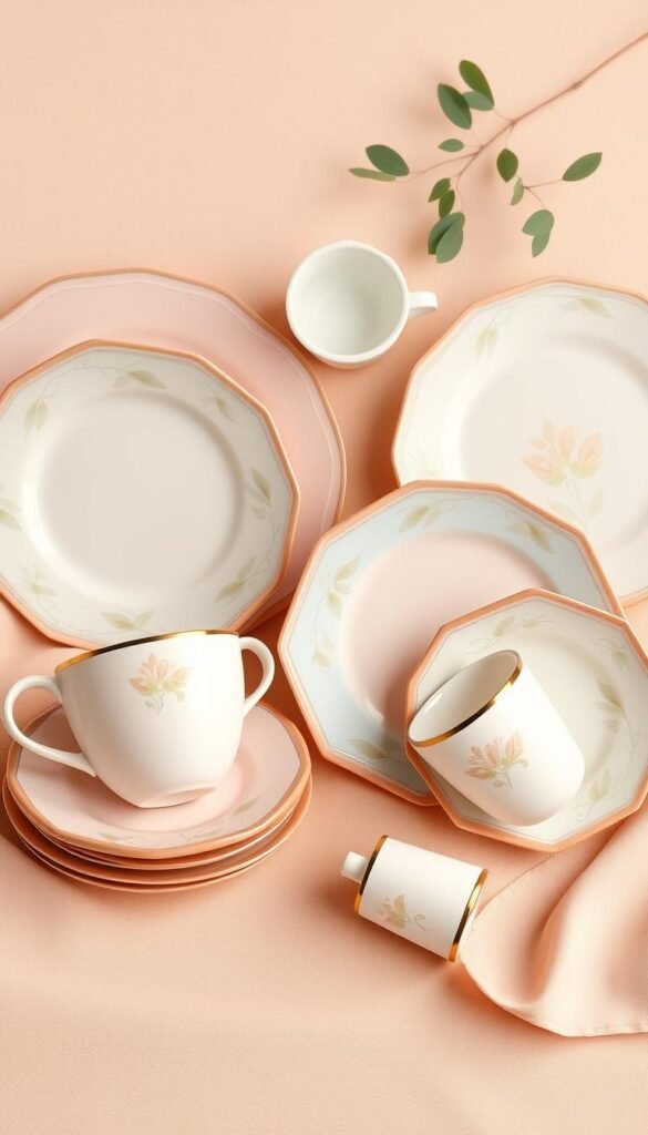 Pastel dinnerware set including plates, bowls, and cups Pastel dinnerware set including plates, bowls, and cups