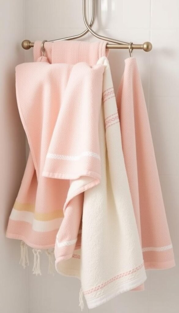 Pastel kitchen towels and linens displayed on a kitchen towel rack Pastel kitchen towels and linens displayed on a kitchen towel rack