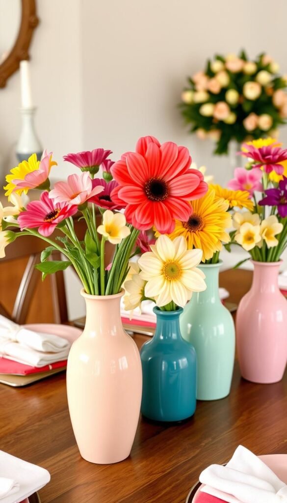 Pastel vases filled with fresh spring flowers on a dining table Pastel vases filled with fresh spring flowers on a dining table