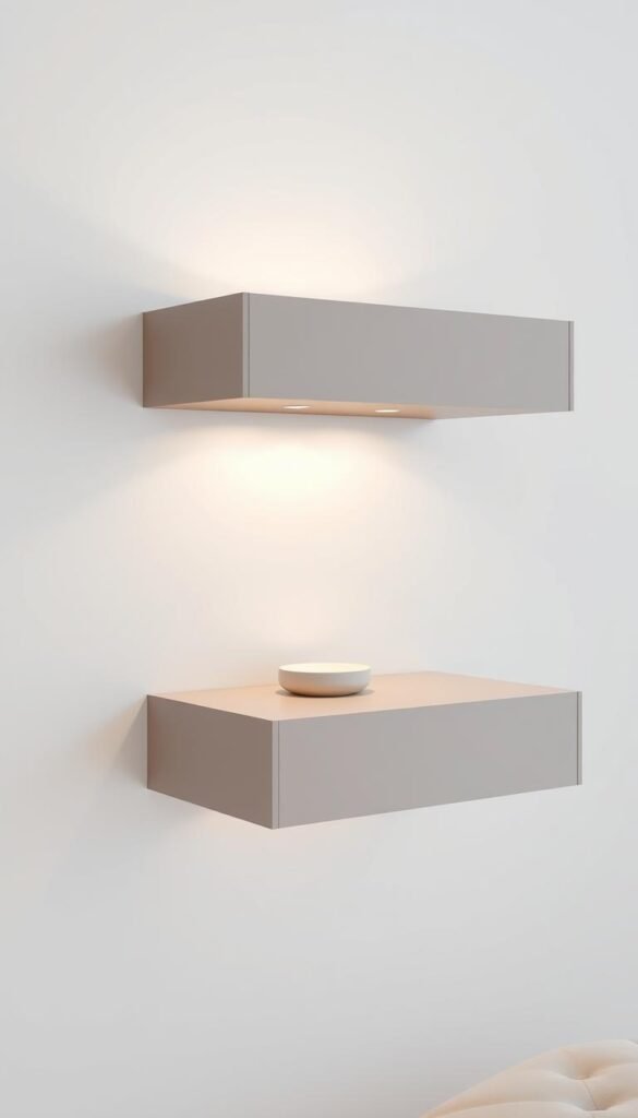 Prompt A pair of modern, minimalist wall-mounted bedside tables hovering elegantly against a crisp white wall. The tables feature clean-lined, rectangular shapes with a smooth, matte surface in a soft neutral tone. Delicate task lighting casts a warm, ambient glow, creating a cozy, inviting atmosphere. The tables are positioned at comfortable heights, perfectly positioned to serve as functional and stylish nightstands. The overall scene has a serene, monochromatic feel, emphasizing the simplicity and utility of the wall-mounted design. Prompt A pair of modern, minimalist wall-mounted bedside tables hovering elegantly against a crisp white wall. The tables feature clean-lined, rectangular shapes with a smooth, matte surface in a soft neutral tone. Delicate task lighting casts a warm, ambient glow, creating a cozy, inviting atmosphere. The tables are positioned at comfortable heights, perfectly positioned to serve as functional and stylish nightstands. The overall scene has a serene, monochromatic feel, emphasizing the simplicity and utility of the wall-mounted design.