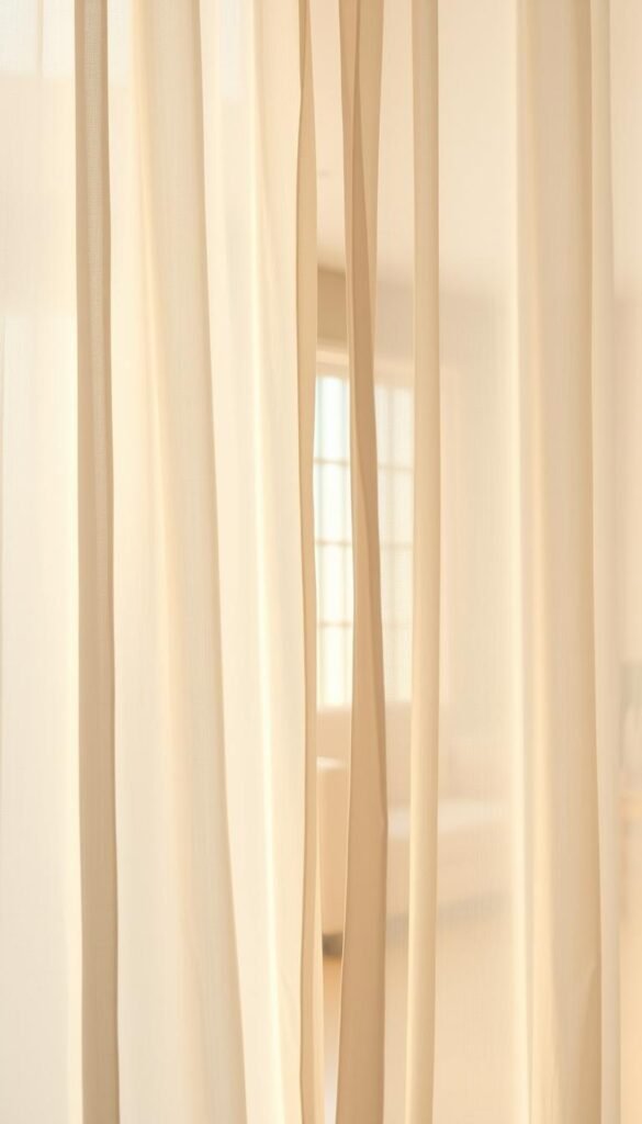 Sheer, flowing linen curtains gently swaying in a warm, natural light. Soft, diffused illumination filters through the delicate fabric, casting a serene, ethereal glow across the room. The curtains billow subtly, creating a sense of movement and tranquility. In the foreground, the curtains are draped elegantly, their folds and creases adding depth and texture. The middle ground features the gentle play of light and shadow, while the background showcases a cozy, inviting living space. Capture the essence of affordable, yet sophisticated window dressing that elevates the ambiance of any living room. Sheer, flowing linen curtains gently swaying in a warm, natural light. Soft, diffused illumination filters through the delicate fabric, casting a serene, ethereal glow across the room. The curtains billow subtly, creating a sense of movement and tranquility. In the foreground, the curtains are draped elegantly, their folds and creases adding depth and texture. The middle ground features the gentle play of light and shadow, while the background showcases a cozy, inviting living space. Capture the essence of affordable, yet sophisticated window dressing that elevates the ambiance of any living room.