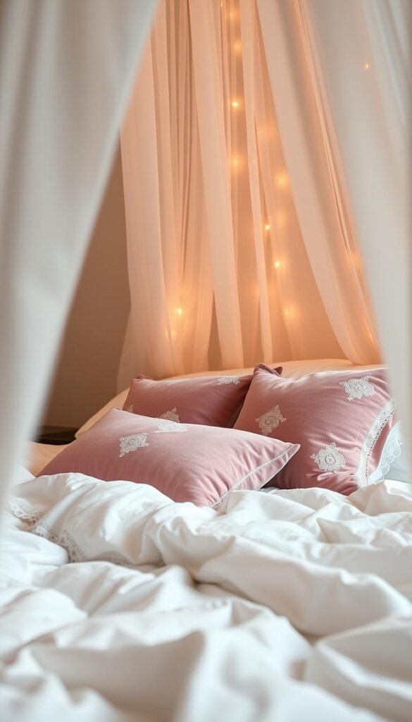 Soft, billowing white bedding adorned with delicate lace trims and floral embroidery. Plush velvet throw pillows in muted shades of pink and lavender, arranged artfully atop the bed. A sheer canopy cascades gently from the ceiling, casting a romantic glow. Warm, ambient lighting filters through the sheer fabric, creating a cozy, intimate atmosphere. The scene is captured from a low, angle that emphasizes the inviting, luxurious textures and gentle, dreamy mood. Hazy, diffused focus in the background subtly frames the serene, idyllic boudoir.