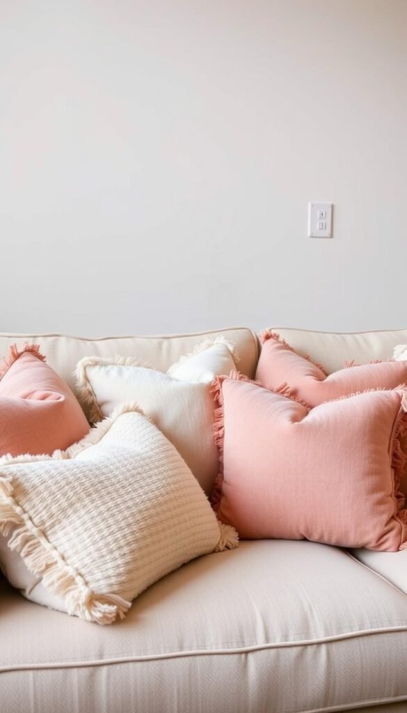 Soft blush and mint throw pillows on a sofa Soft blush and mint throw pillows on a sofa